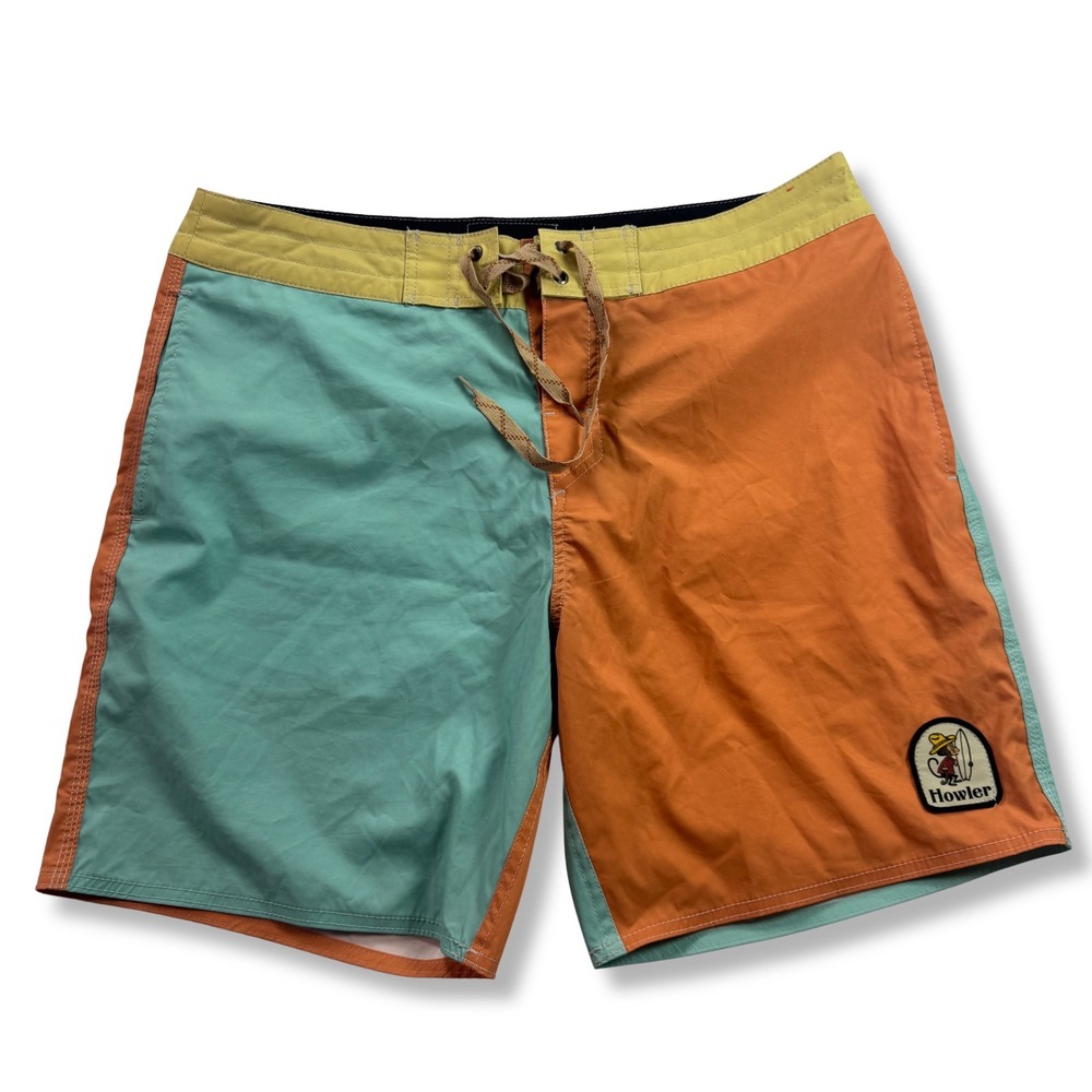Howler Brothers Board Shorts Colorblock Surf Swim Trunks Mens Orange Teal 35